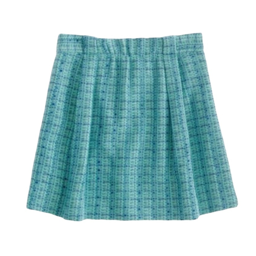 J. CREW Pleated Skirt in Blue Green Tweed. Size: 2